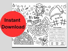 a coloring page with the words instant pizza on it and an image of a mouse