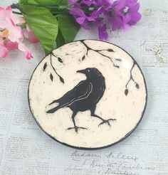 Check out this item in my Etsy shop https://www.etsy.com/listing/827960478/raven-or-crow-bird-sgraffito-ceramic Bird Pottery, Clay Turtle, Ceramic Wall Sculpture, Sgraffito Technique, Candy Snacks, Cone Incense, Food Plate, Crow Bird, Bird Plates