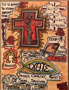 a painting with words and pictures on it, including jesus's crucifix