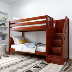 a wooden bunk bed sitting on top of a rug