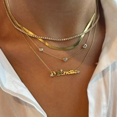 Name Necklace Stack, Custom Necklace Ideas, Custom Bangle, Necklace Stack, Glass Locket, Heart Diamond, Custom Charms, Personal Statement, Gold Colors