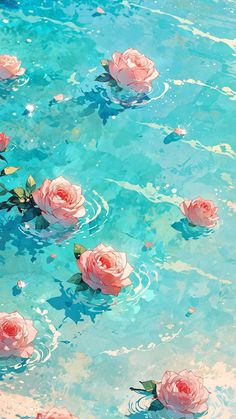 several pink roses floating on top of a body of water