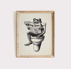 a frog sitting on top of a toilet reading a newspaper