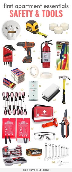 an assortment of tools and supplies that are needed to use in the construction industry, including hammers, screwdrivers, pliers, etc