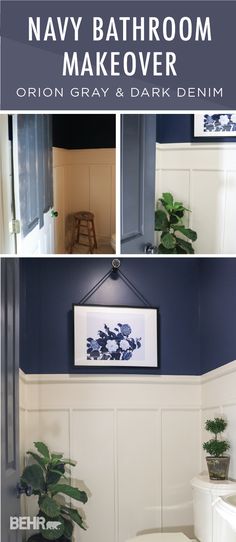 bathroom makeover with navy blue and white paint, wood paneling, planter