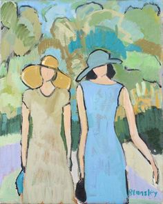 two women in blue dresses and hats walk down a path with trees on either side