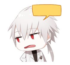 an anime character with white hair and red eyes has a speech bubble above his head