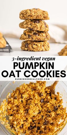 three ingredient vegan pumpkin oat cookies stacked on top of each other in a glass bowl