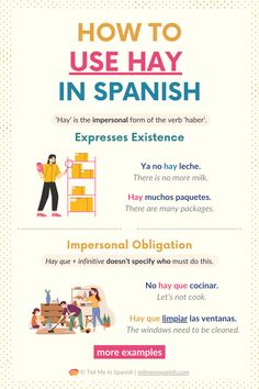 the spanish language poster shows how to use hay in spanish and english, as well as other