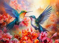 two colorful hummingbirds are flying over flowers