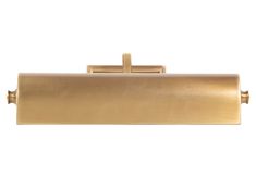 a gold metal box with a cross on the front and back end, isolated against a white background