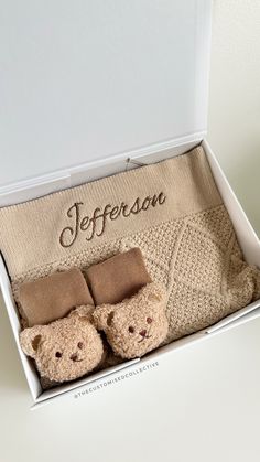 two teddy bears in a gift box with the name jefferson written on one of them