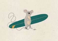 a koala is holding a surfboard in its paws