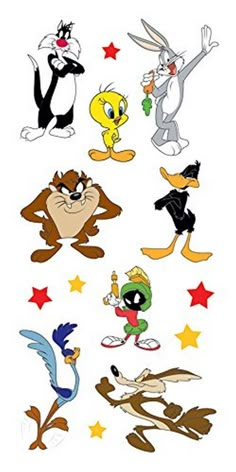 various cartoon characters with stars in the background and one has an angry bird on it