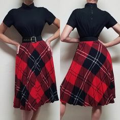 Vintage 1960s-1970s Black Short Sleeve Blouse, Plaid Wool Midi Skirt And Wide Black Leather Belt Outfit. - Non-Stretchy Black Short Sleeve Top - Wide Mock Neck Collar - Slightly Boxy Cut - High Rise Red, Black And White Plaid Midi Skirt - Wool Blend - Deep Pleats/ Plisse Midi Skirt - Single Button And Hidden Back-Zip Closure - Added By Me, Vintage Wide Black Leather Belt With Silver Buckle - Also Listed, Vintage 1960s-1970s Black Short Sleeve Blouse, Plaid Wool Midi Skirt And Wide Black Leather Leather Belt Outfit, Vintage Black Pleated Skirt, 1950s Plaid Skirt, Vintage Pleated Plaid Skirt, Retro Knee-length Plaid Skirt, Plaid Midi Skirt, Wool Midi Skirt, 1970s Plaid Skirt, Belt Outfit