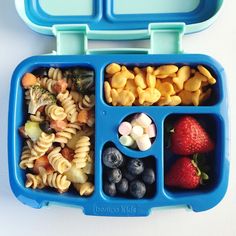 a blue lunch box filled with pasta, berries and other food items on top of it