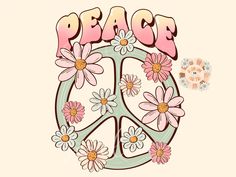 a peace sign with flowers and daisies in the center on a pink background that says peace