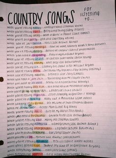 a sheet of paper with words written in different languages on it and the word country songs