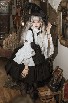 ❤︎ Gothic Lolita Witch Dress Set-Up❤︎ Cute Witch Outfits, Black Magical Girl, Gothic Princess, Bust Dress, Ruffle Cardigan, Witch Dress, Style Gothic, Witch Outfit, Set Up