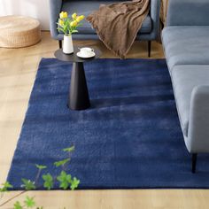 a living room with a blue couch and coffee table on the floor in front of it