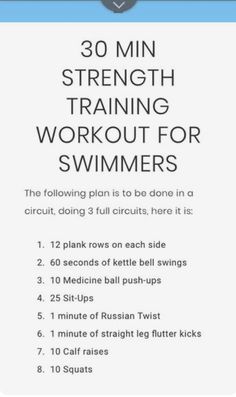 the 30 minute strength training workout for swimmers is shown in blue and white, with instructions to