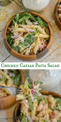 chicken caesar pasta salad in a wooden bowl and on a plate with a fork next to it