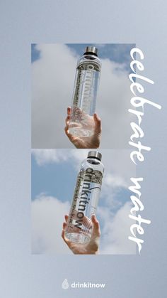 two hands holding a water bottle in front of a blue sky with white clouds and the words coolest water written on it