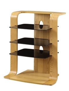 a wooden shelf with three shelves on each side