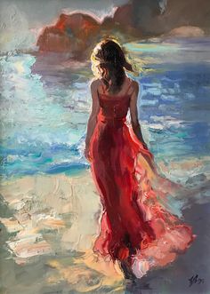 a painting of a woman in a red dress walking on the beach