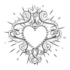 a black and white drawing of a heart surrounded by ornate swirls on a white background