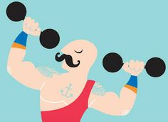 a man with a mustache lifting two black dumbbells in front of his face