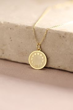 Gold Moon Pendant - Moon Gold Necklace ● Material of pendant: Solid Gold 14k ( REAL GOLD ) ● Metal Stamp: 14k ( REAL GOLD ) ● The pendant is available in 5 sizes: - 12,7 mm / 0.5 inches (Diameter) - 14,0 mm / 0,55 inches ( Diameter ) In the photos - 15,3 mm / 0.6 inches ( Diameter ) - 16,5 mm / 0,65 inches ( Diameter ) - 19,1 mm / 0,75 inches ( Diameter ) ( In the photos the size is 14mm / 0.55 inches Diameter ) ( Jump Ring inner diameter: 4 mm ) ● Material of chain: Solid gold 14k ( REAL GOLD ) Moon Phase Necklace, Moon Shaped Jewelry With Chain For Gifts, Engraved Moon Necklace For Gift, Gold Plated Moon Necklace For Gift, Circle Moon Charm Necklace For Gift, Yellow Gold Moon Phase Jewelry Round Shape, Sun And Moon Design Necklace For Anniversary, Anniversary Sun And Moon Design Necklace, 14k Gold Moon Necklace With Sun And Moon Design