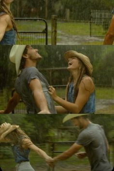 two people holding hands in the rain with one person wearing a cowboy hat and another woman laughing