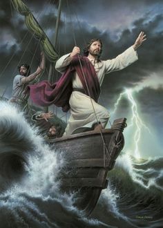 jesus walking on the water with his arms outstretched in front of him and two other men standing