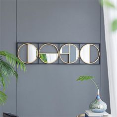 three circular mirrors mounted on the wall above a table with a plant in front of it