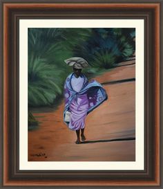 a painting of a woman walking down a dirt road with an umbrella over her head