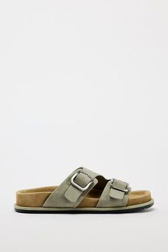 BUCKLED SUEDE SANDALS - Khaki Green | ZARA United States Sandal Kulit, Flat Leather Sandals, Jean Vest, Leather Sandals Flat, Crochet Jacket, Suede Sandals, Clean Laundry, Khaki Green, Shoes Trainers