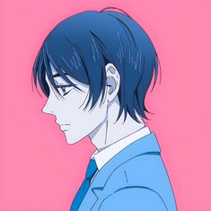 an anime character with blue hair wearing a blue shirt and tie, looking to the side