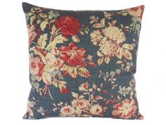 This 17 x 17 " pillow cover is meant to be used with an 18" insert (not included) created from a sweet vintage looking floral print on cotton by Ralph Lauren fabrics.  Newberry Floral has bouquets of flowers in rose red, blush pink, gold, tan, and blue tones on a denim blue background. Same fabric on the back, different part of the print.  Multiples of this pillow will have varied pattern placement.  This discontinued fabric is very hard to find.  Hidden zipper closure.  Insert not included. ** I only use new, high quality decor fabric, dry-cleaning is recommended by the fabric manufacture.   Samples available. ** Insert not included - an 18x18" insert is recommended for a perfect fit - send a message if you'd like resources. This pillow cover is ready to ship!  For more Ralph Lauren Fabri Blue Floral Pillows, Ralph Lauren Fabric, Bouquets Of Flowers, Red Blush, Unique Pillow, Floral Pillow Cover, Floral Pillow, Unique Pillows, Floral Pillows