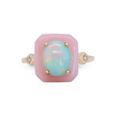 Experience the ethereal beauty of the Ethiopian opal and pink opal ring by CIRARI 14K yellow gold. This gorgeous ring has been painstakingly made. It contains a harmonious combination of Ethiopian and pink opals, accentuated with a delicate 0.02-carat halo. The design, set in brilliant 14K yellow gold, exudes both classic charm and contemporary elegance. Enhance your look with CIRARI, a ring that combines timeless elegance and sophisticated taste in every detail. Pink Opal Rings With Gemstone, Pink Opal Gemstone Rings, Elegant Pink Opal Ring, Pink Opal Gemstone Ring For Anniversary, Pink Opal Ring Fine Jewelry, Pink Opal Ring For Anniversary, Fine Jewelry, Pink Opal Ring For Anniversary, Pink Oval Cabochon Opal Ring, Capricorn Jewelry