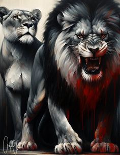 two lions standing next to each other with blood on them