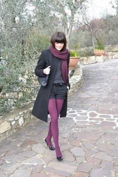 Colorful Socks Outfit, Pantyhose Outfit, Colored Tights Outfit, Purple Tights, Legs Outfit, Looks Street Style, Fashion Tights, Tights Outfit, Shorts With Tights