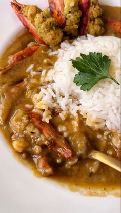 a white plate topped with rice and meat covered in gravy