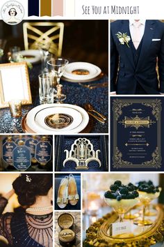 a collage of photos with gold, blue and black accents on it's theme