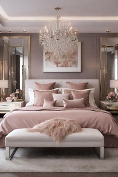 a luxurious bedroom with pink and gold decor