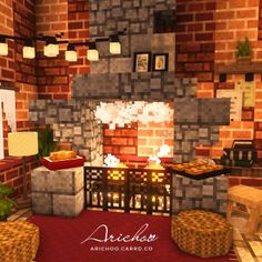 a living room filled with furniture and a fire place in the middle of a brick wall