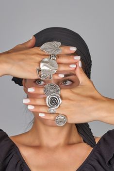 "Adjustable Boho Rings, Statement Rings, Chunky Silver Rings, Leaf Ring, Rose Ring, Large Ring, Wide Band, Abstract Ring for Women, ZeyDor ❀ Boho Rings are easy to adjust and would fit fingers size US 4 and up. ❀ Boho Chunky Rings with an ethnic feel. These Boho Style rings are silver plated with a matte, antique oxidized finish. Made with antique silver plated brass findings. ★ Hypoallergenic ★ Lead, Nickel, Cadmium free.★ ❀ Your order will be shipped in 1-2 business days. ► Giving this as a gi Big Rings For Women, Plus Boho, Abstract Ring, Chunky Silver Jewellery, Rings Chunky, Large Rings, Statement Rings Unique, Chunky Silver Rings, Alternative Jewelry