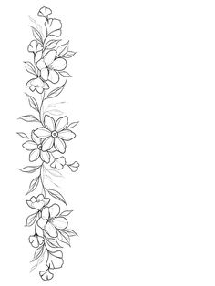 a black and white line drawing of flowers on a branch with leaves in the corner