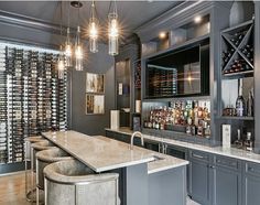 a home bar with wine bottles on the shelves