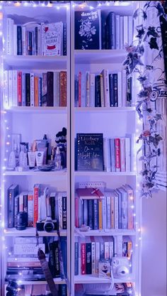 a book shelf filled with lots of books next to a christmas tree covered in lights